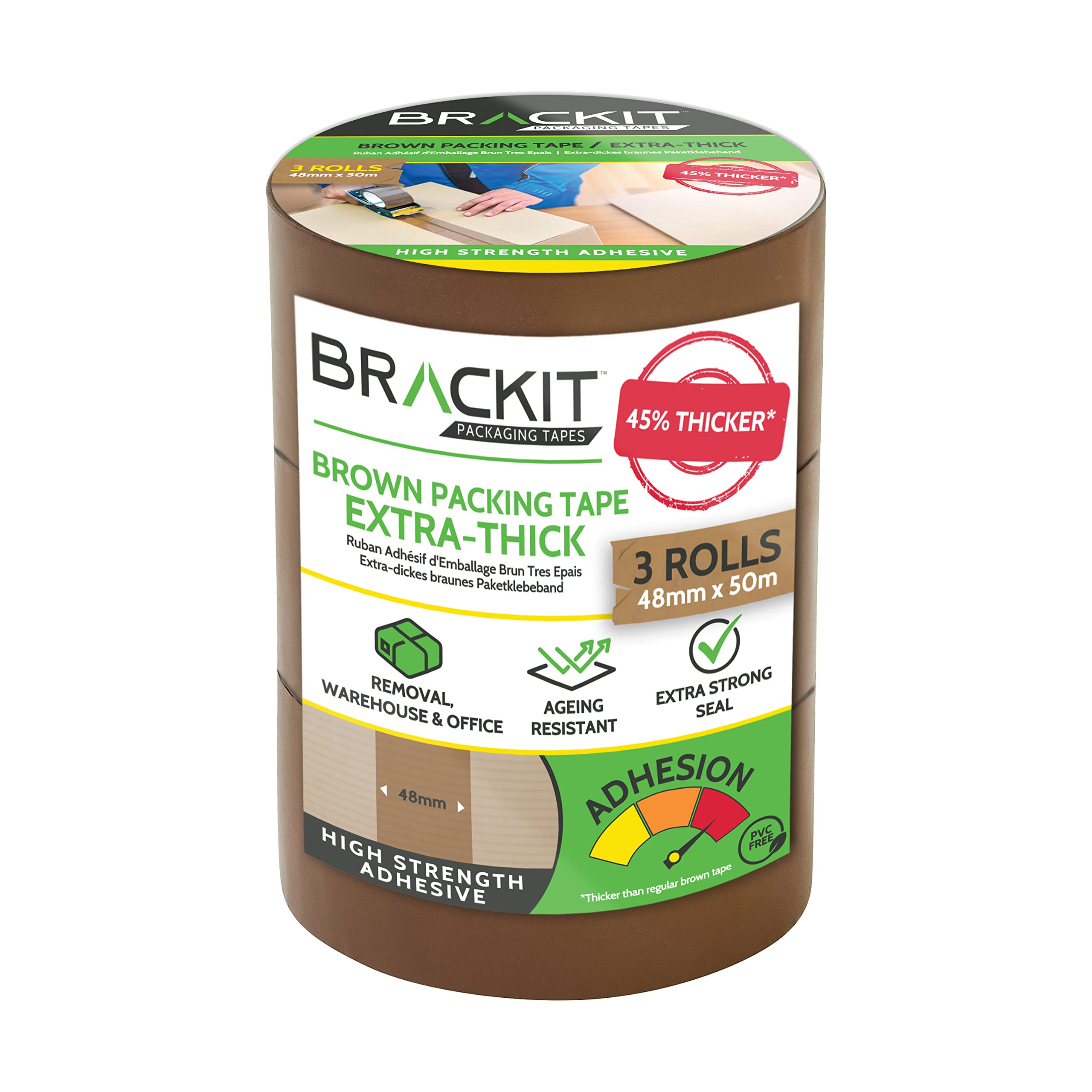 brackit Extra-Thick Brown Packing Tape, 48mm x 50m - 3 Rolls – Heavy Duty Super Strong Seals for Packaging Parcels and Boxes