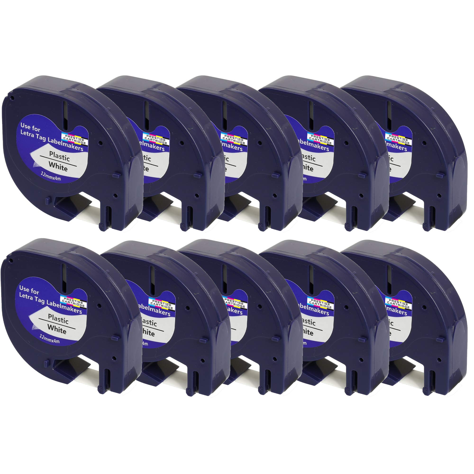Prestige Cartridge 10 x Compatible Plastic Tapes 91201 S0721610 S0721660 Black on White (12mm x 4m) Replacement for Dymo LetraTag LT110T, LT100H, LT100T, QX50, XR Label Makers