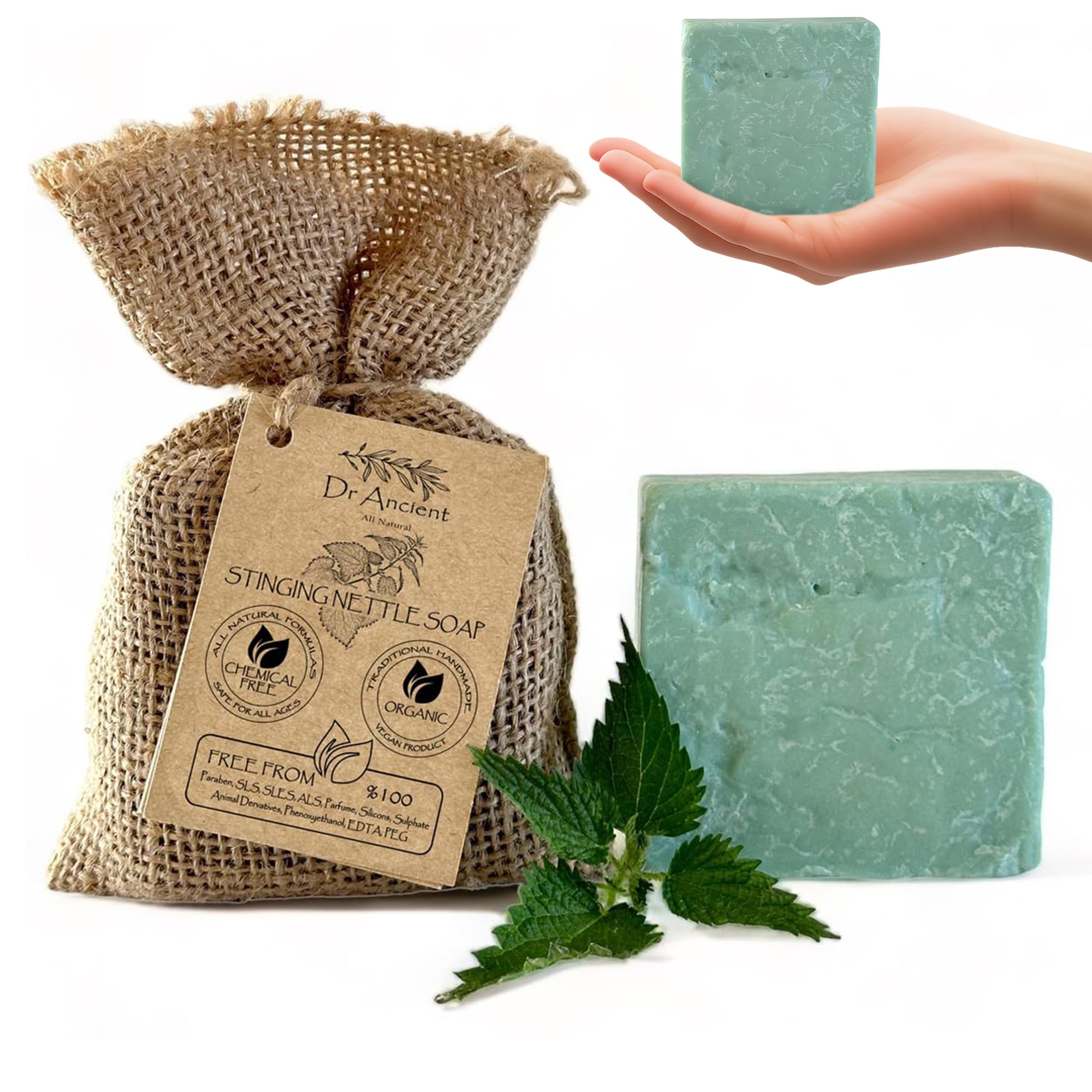 Dr.Ancient Stinging Nettle Soap Bar, Organic Soap Bars Handcrafted the Traditional Way, Natural Chemical-Free, Vegan, Used for Face Wash, Body Wash, Hand Cleansing, Daily Skin Care, Herbal Cleanser