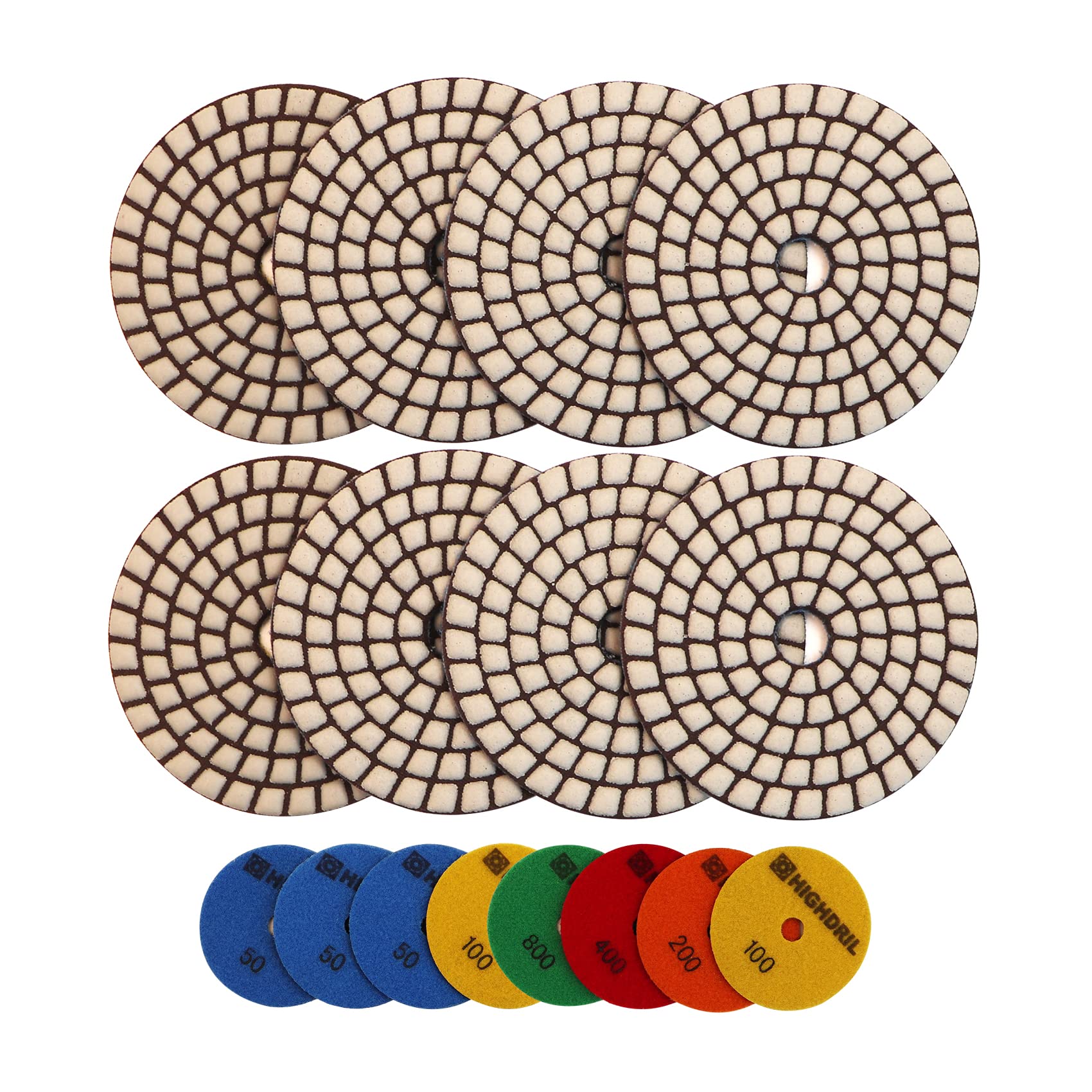 HIGHDRIL Dry Diamond Polishing Pad - 8PCS (#50x3/100x2/200/400/800) 100MM Sanding Pads for Granite Stone Marble Floor Grinder Polish Pad Kit for Drill, Grinder, Polisher