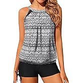 Yonique Tankini Swimsuits with Shorts - Tummy Control Two Piece Blouson Bathing Suits High Neck Swimwear