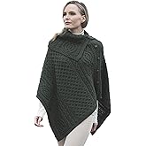 Aran Crafts Women's Cable Knit Buttoned Cowl Neck Poncho (100% Merino Wool)