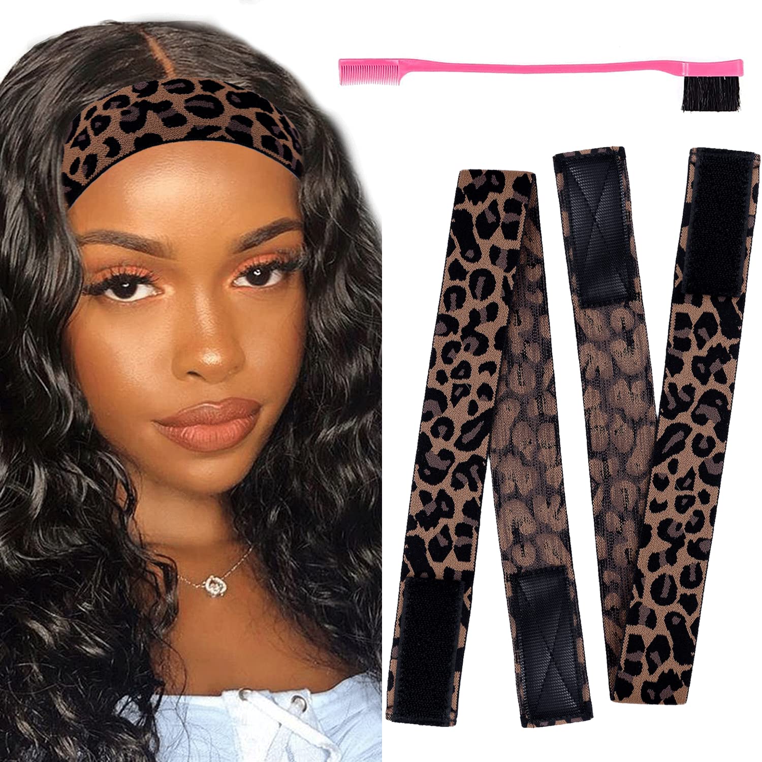 AliLeader 2Pcs Elastic Melt Band for Wig with Velcro, 3.5cm Width Edges, Edge Laying Down Wigs, (#Leopard, Band+1Pcs Hair Edges Brushes)