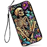 GFRGTFHYT Womens Wallet, Large Capacity RFID Blocking PU Leather Wristlet Wallets for Women Ladies Men Credit Card Holder Zipper Wallet Phone Holder Clutch Travel Purse, Human Bone Flower