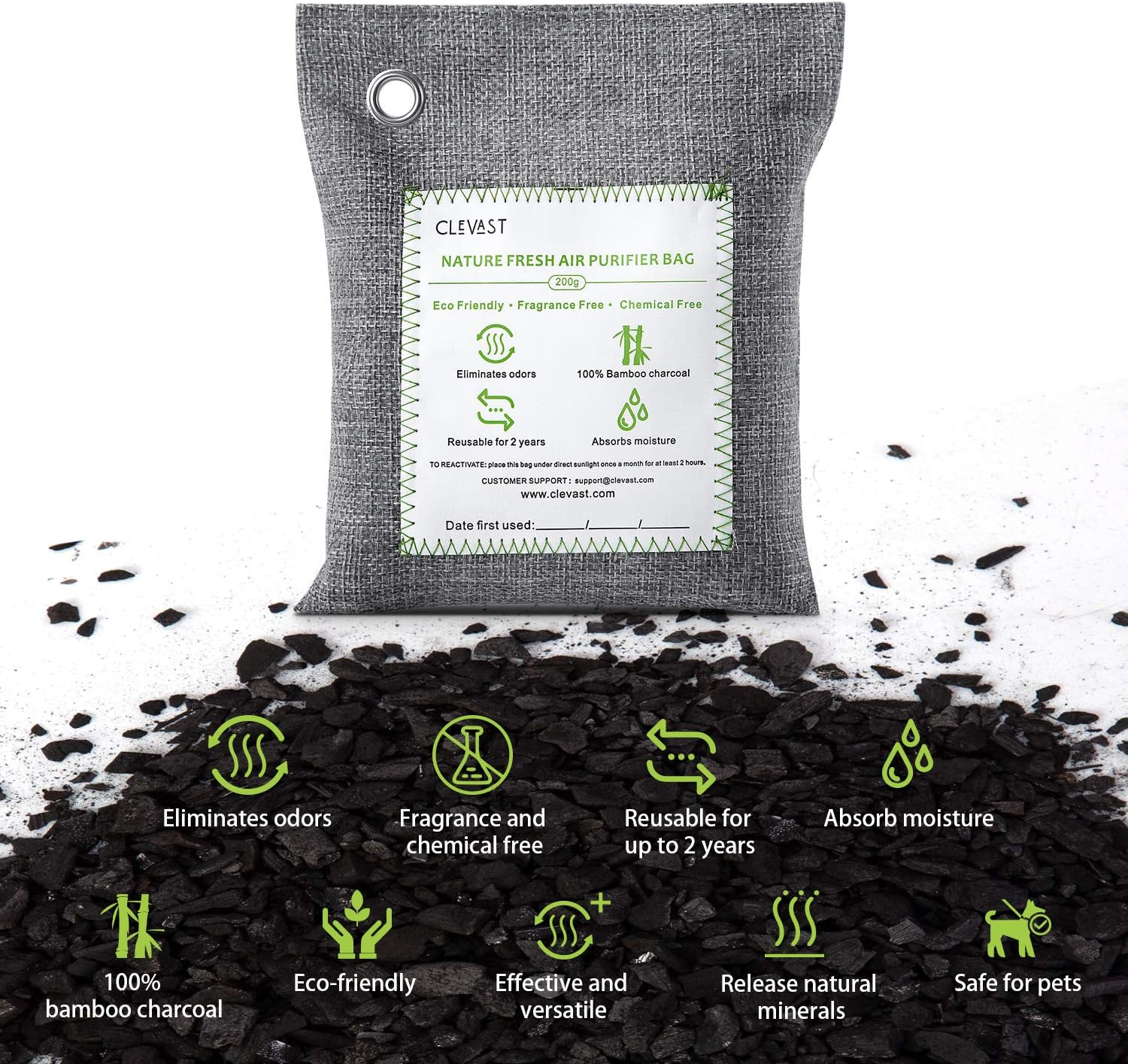 CLEVAST Bamboo Charcoal Air Purifying Bags (4×200g), Removes Odors and Moisture, Nature Fresh Air Purifier Bags for Home, Car, Pets, Bathroom, Basement: Home & Kitchen