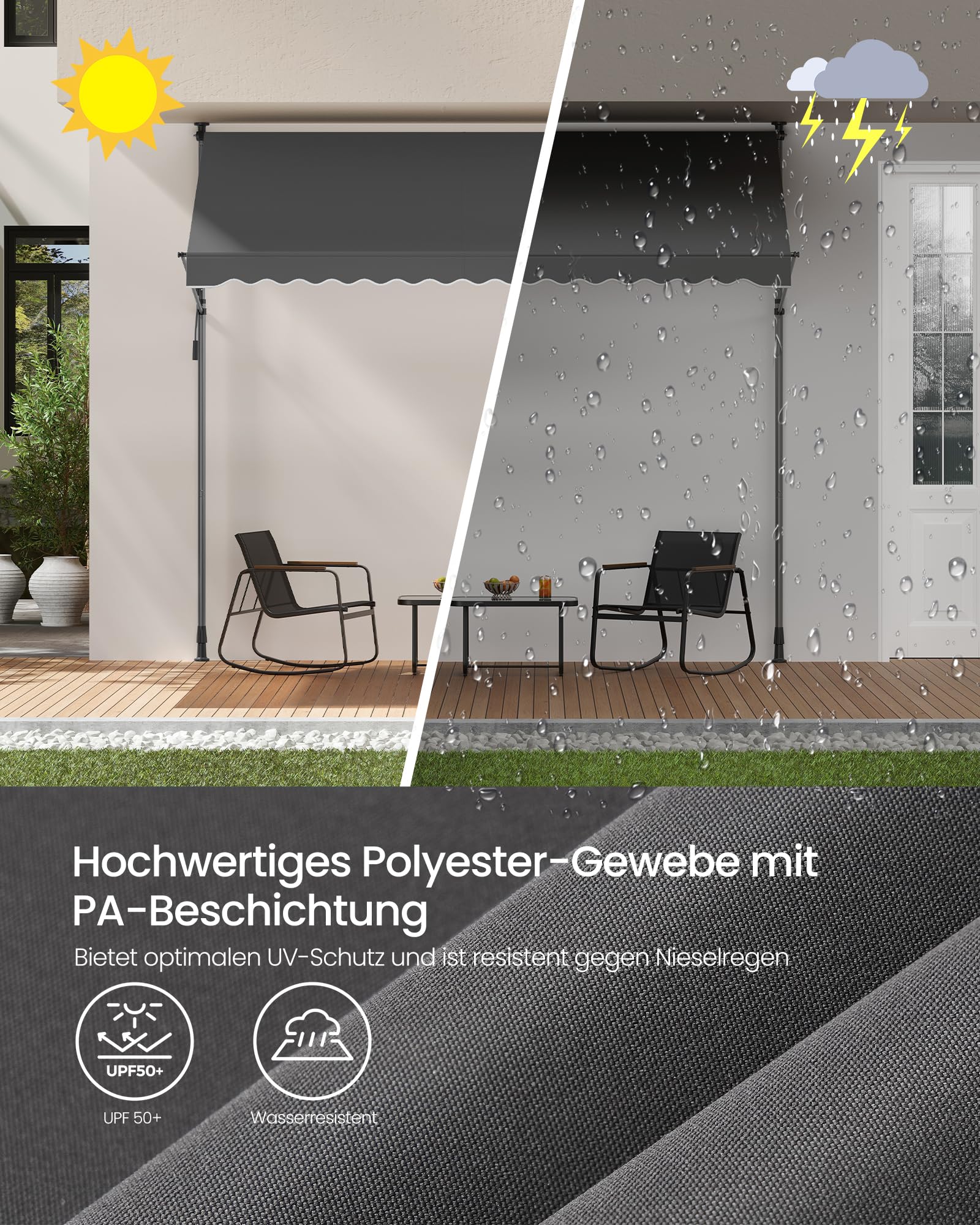 SONGMICS Klemmmarkise, Balkonmarkise, höhenverstellbar, mit Handkurbel, Sonnenschutz, für Balkon, Terrasse, Garten, 300 x 120 cm, anthrazit GSA302G02 7
