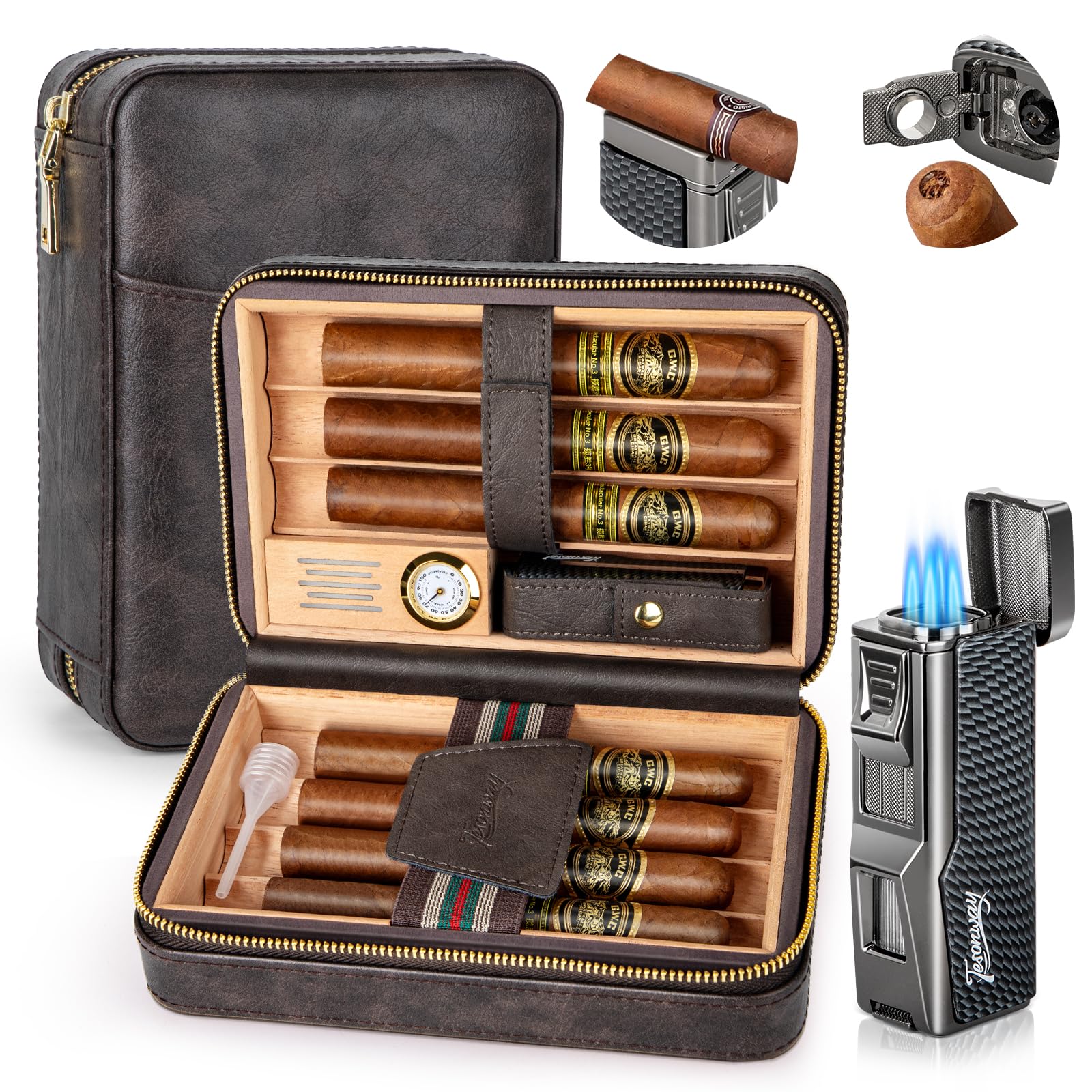 Photo 1 of **INCOMPLETE, CLOCK DAMAGED** Tesonway Cigar Humidor, Travel Humidor Cigar Box and Cigar Lighter, Leather Cigar Case with Cedar Wood Tray, Hygrometer, Humidifier, Portable Cigar Humidor Cigar Accessories for Men, Holds 7 Cigars