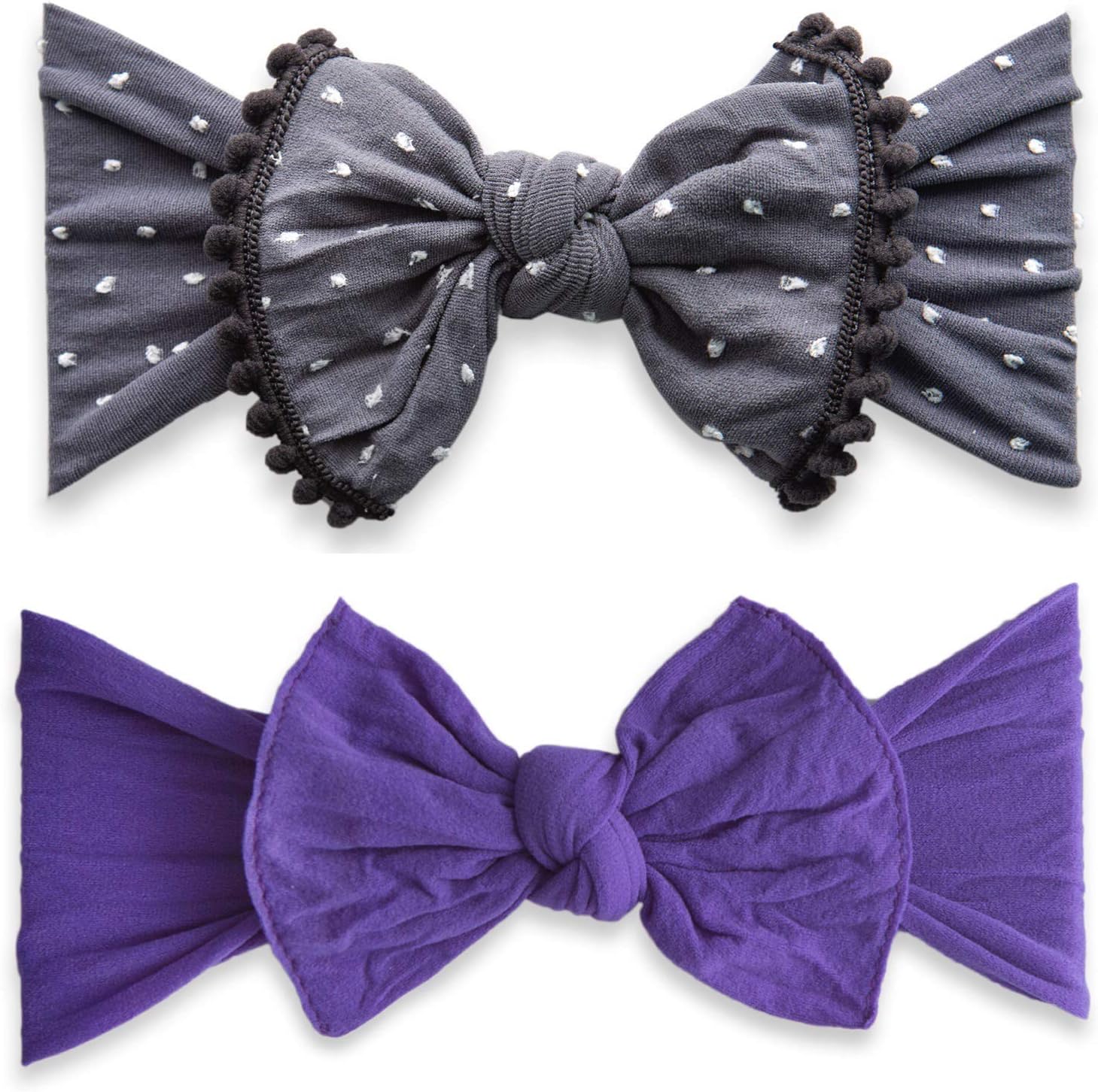 Baby Bling Bows Newborn to Little Girls Hair Bow - Trimmed and Classic Knot Headbands Toddlers Hair Accessories, One Size (2 Pack - Storm Dot and Ultra Violet)