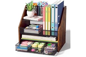 Homsorout Wooden Desk Organizer - Mesh File Organizer with Drawers and Pen Holder - 4-Tier Vertical Paper Letter Storage Tray, Desktop Organizers and Accessories for Home Office