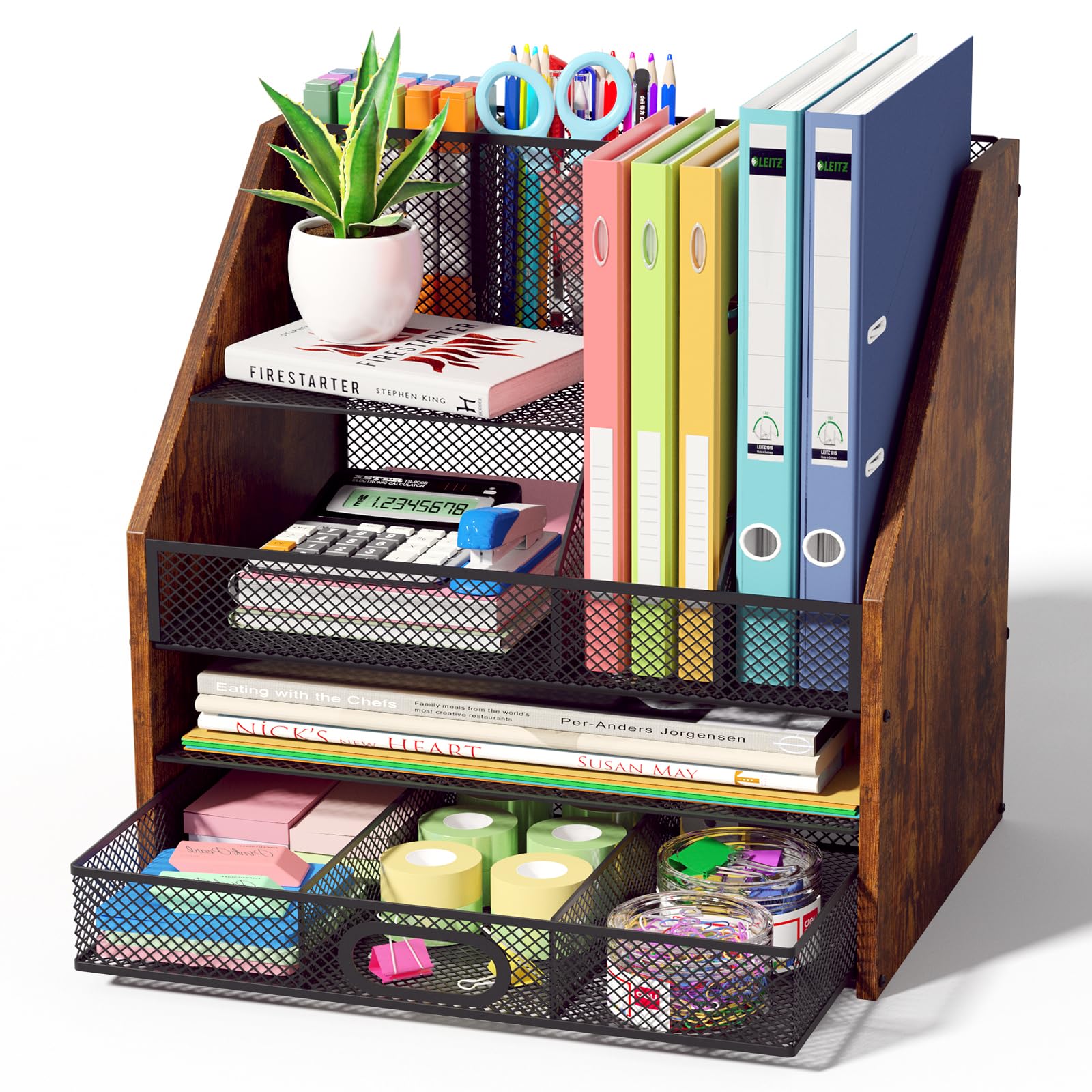Photo 1 of Homsorout Wooden Desk Organizer - Mesh File Organizer with Drawers and Pen Holder - 4-Tier Vertical Paper Letter Storage Tray, Desktop Organizers and Accessories for Home Office