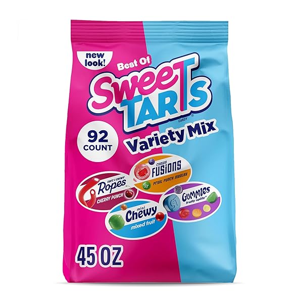 SWEETARTS CANDY, VARIETY MIX, CHERRY PUNCH ROPES, MINI CHEWY, GUMMIES FRUITY SPLITZ & CHEWY FUSIONS 45 OZ (92 PIECES)