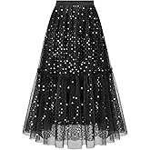 Timormode Sequin Tulle Skirts for Women Sparkly Midi Flowy A-Line Party Skirt Layered Skirts