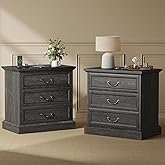 Huuger Nightstand with Charging Station, 3 Drawer Night Stand Set of 2, 22 Inch Wider Side Table with Storage, Farmhouse Nightstand with Vintage Handles, Thicken Base, for Bedroom, Black