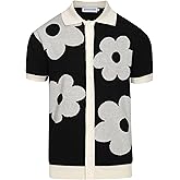 OXKNIT Mens Casual 60s Retro White Flower Knitted Short Sleeve Vintage Button Down Golf Polo