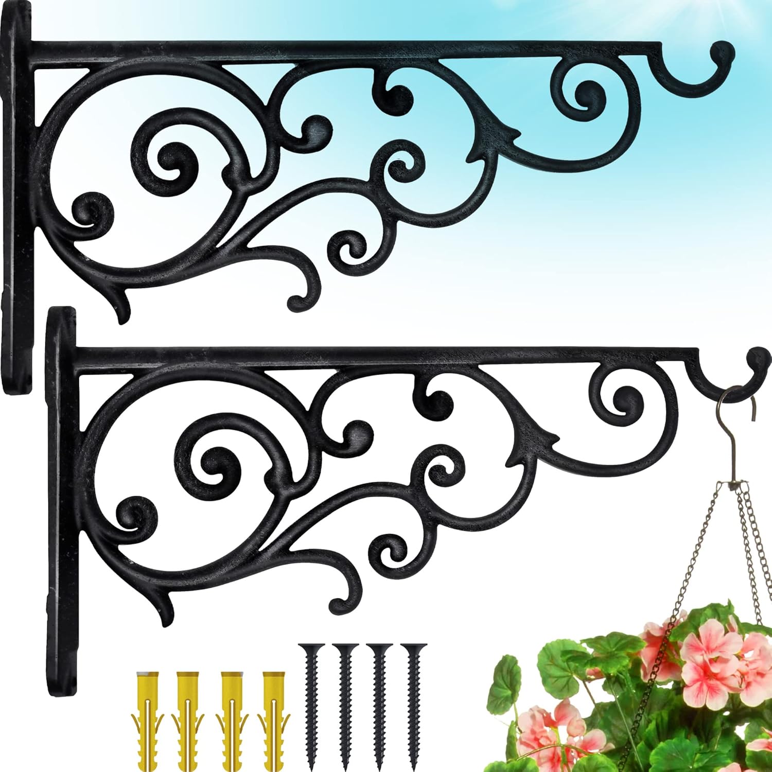 Outdoor Hanging Brackets - Gray Bunny 2 Pack Outdoor Plant Hanger Hook, 14” Large Victorian Heavy Duty Iron Wall Hooks for Bird Feeders, Lanterns, Wind Chimes, Patio Decor - Black
