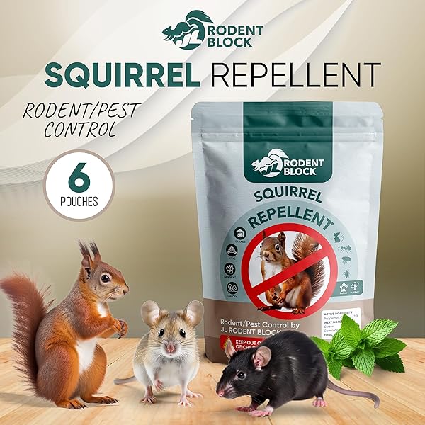 JL RODENT BLOCK SQUIRREL REPELLENT POUCH 6-PACK – POWERFUL AGAINST MICE, RACOONS, CHIPMUNKS, SNAKES, MOSQUITOS, ANTS. ALL NATURAL INGREDIENTS, REFILLABLE MESH BAG & CARABINER FOR HANGING
