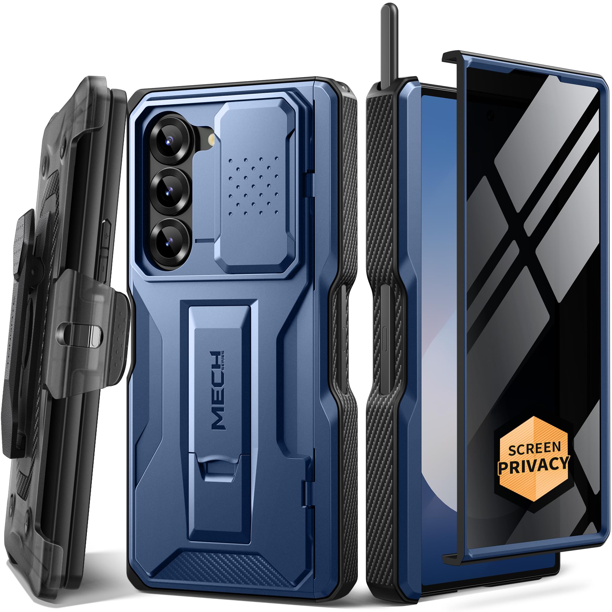 TONGATE for Z Fold 6 Case, [with S Pen Slot & Hinge Protection] [Privacy Glass Screen Protector] Full-Body Military Drop Phone Case for Samsung Galaxy Z Fold 6 with Kickstand & Belt Clip, Blue Privacy