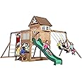 Backyard Discovery Montpelier Cedar Wood Swing Set with Wave Slide,Clubhouse, Monkey Bars, Picnic Area, Snack Bar, Belt Swings, Trapeze, Balcony, Playhouse, Working Door, Ladder, Outdoor Playset