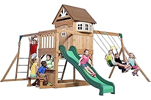 Backyard Discovery Montpelier Cedar Wood Swing Set with Wave Slide,Clubhouse, Monkey Bars, Picnic Area, Snack Bar, Belt Swings, Trapeze, Balcony, Playhouse, Working Door, Ladder, Outdoor Playset