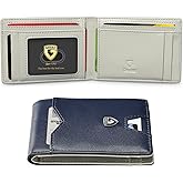 GSOIAX Mens Slim Wallet for Men Minimalist Genuine Leather Carbon Fiber Rfid Blocking Bifold Credit Card Holder With Gift Box (Dark Blue and Beige)