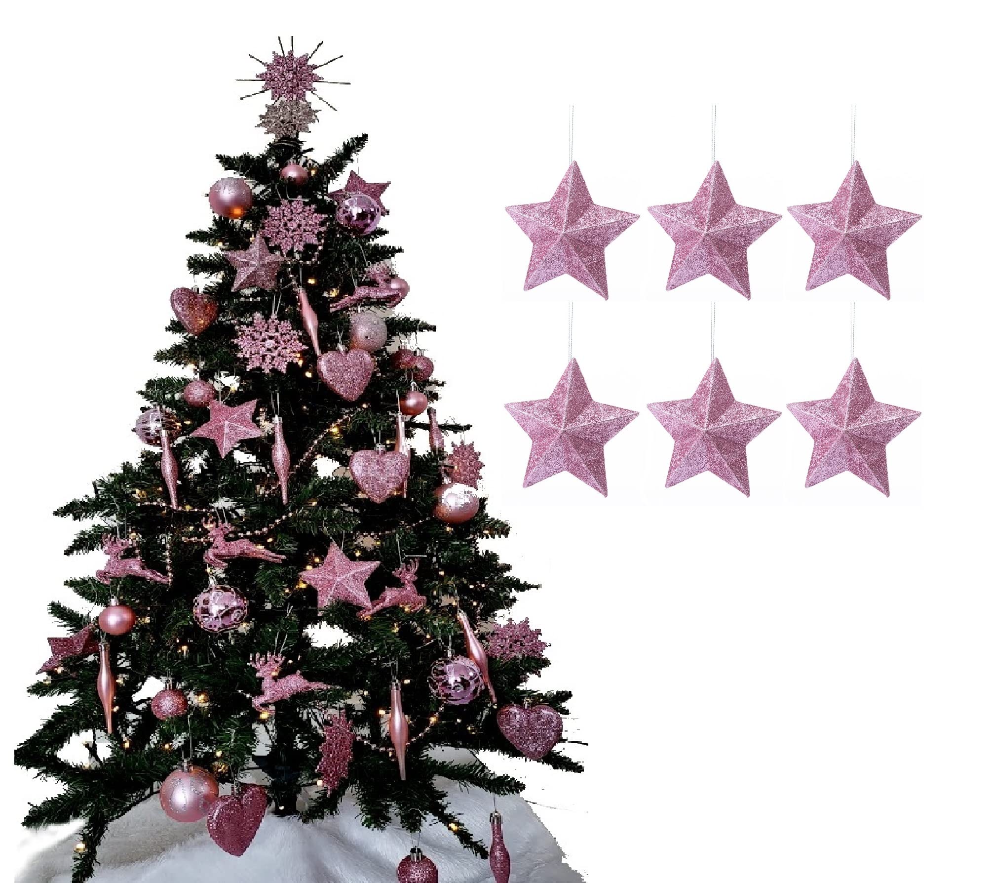 Simply Products Pack of 6-8cm 3D Glitter Star Baubles Christmas Tree Decorations (Blush (Pink)) — image 1