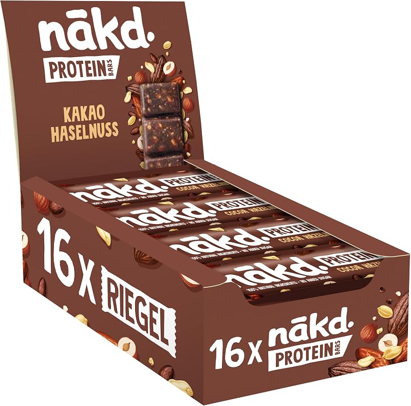 Nākd. Protein Kakao Haselnuss | Kaltgepresste Riegel | 16 x 45g (720g)