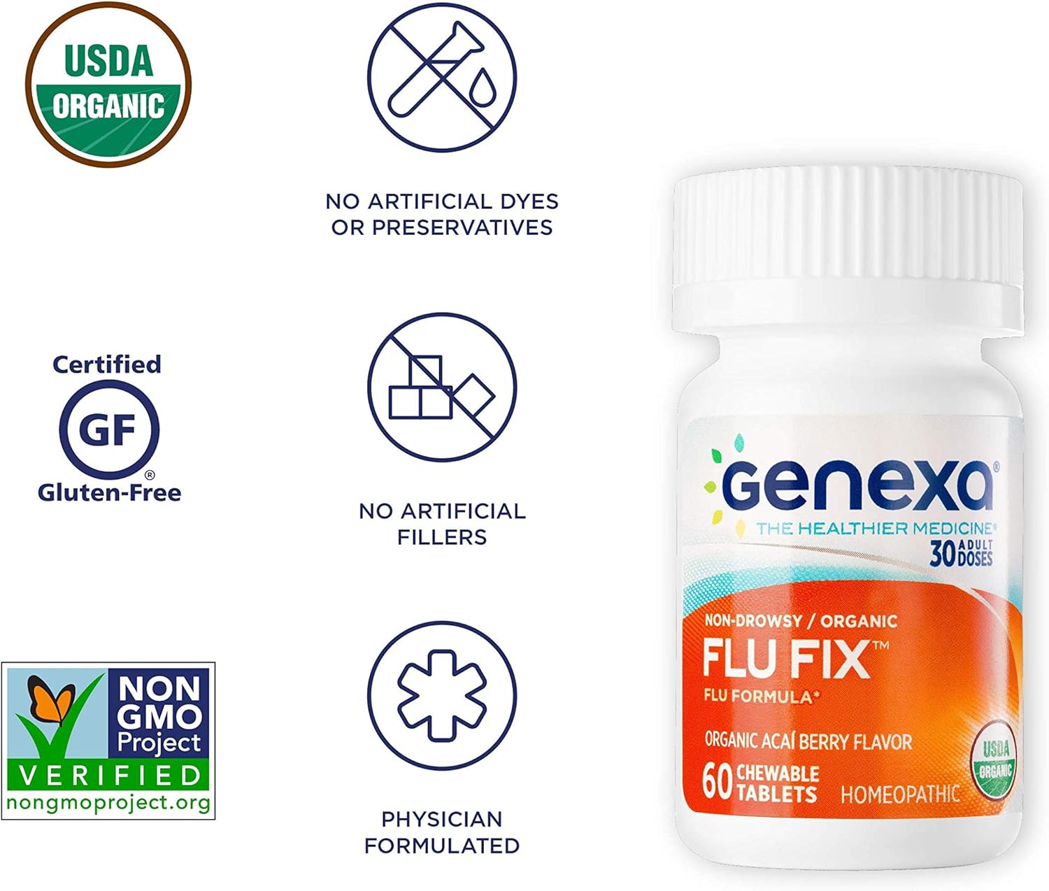 Genexa Flu Fix – 60 Tablets | Certified Organic & Non-GMO, Physician Formulated, Homeopathic | Multi-Symptom Flu Medicine: Health & Personal Care