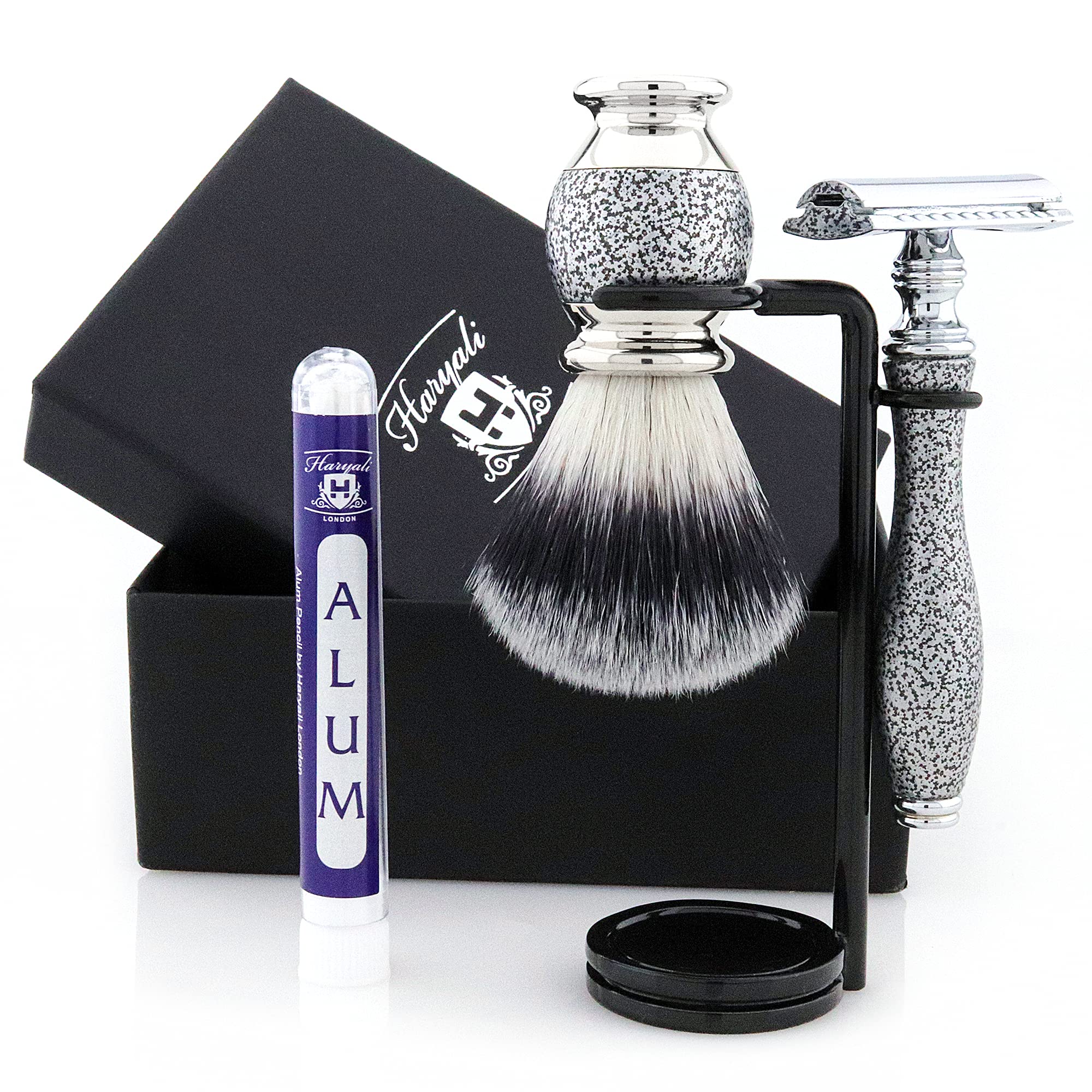 Haryali London Shaving Kit – 4 Pc Shaving Kit – Double Edge Safety Razor - Synthetic Hair Shaving Brush – Alum – Antique Silver Color Shaving Set as Gift - Elegant Look to Your Bathroom