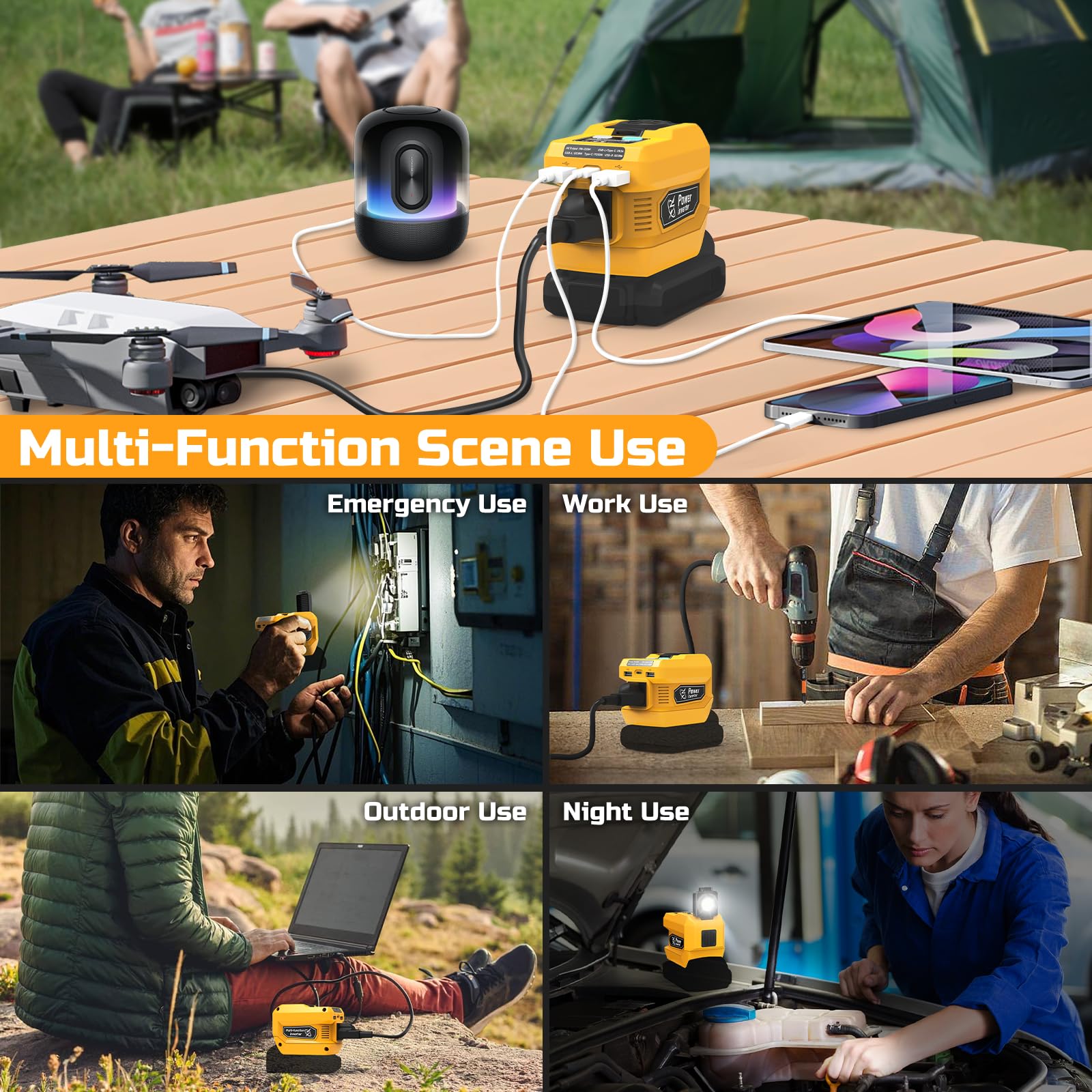 220W Power Inverter for Dewalt 20V Battery, DC 20V to AC 110V Battery Inverter, Portable Power Station Generator with 1 AC Outlet, 2 USB Ports & 1 Type-C Fast Charging, 400LM LED Work Light