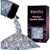 Renfio Holographic Glitter,Diamond Silver Chunky Glitter for Christmas | 1.76oz/50g Laser Silver PET Flake Mixed Fine Powder for Snowglobe Tumbler,Craft,Epoxy Resin,Festival Decor,Nail,Slime