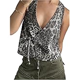 WDIRARA Women's Leopard Halter Denim Vest V Neck Wrap Tie Front Sleeveless Backless Tank Crop Tops