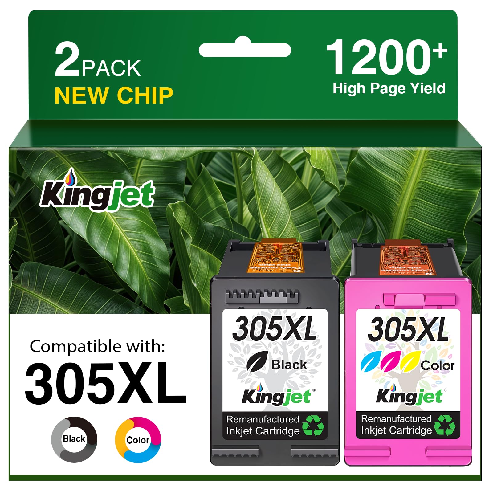 KINGJET 305XL Ink Cartridges Black and Colour 2-Pack, Remanufactured for HP 305 Printer Ink, High Yield 1200 Pages, Compatible with Envy 6000 6020e 6032e, DeskJet 2700 2710e 2800e 2810e 2820e