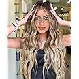 XIXIBI Blonde Wigs for Women Long Ombre Blonde Wavy Wig with Dark Roots Lace Front Hairline Womens Charming Wigs Natural Looking Blond Synthetic Heat Resistant Fiber Wig for Daily Party Use 26 Inch