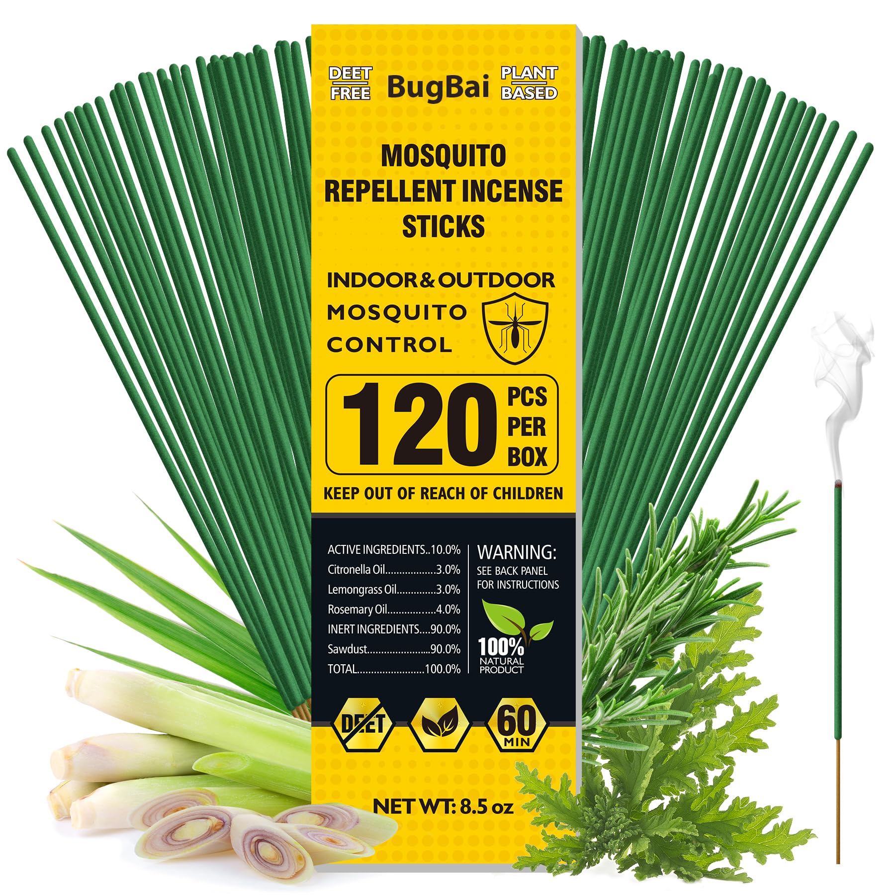 Photo 1 of BugBai® Mosquito Repellent Outdoor Patio 120 PCS, Citronella Oil Mosquito Incense Sticks Indoor Home Pet Family Safe, Natural Plant-Based Bug Insect Barrier for Yard Garden Lawn Camping Fishing