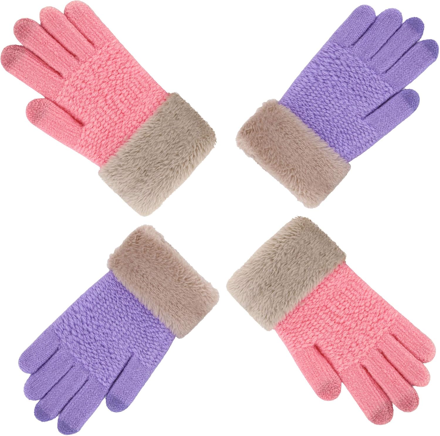 2 & 3 Pack Kids Touchscreen Winter Knit Gloves with Faux Fur Cuff: Clothing