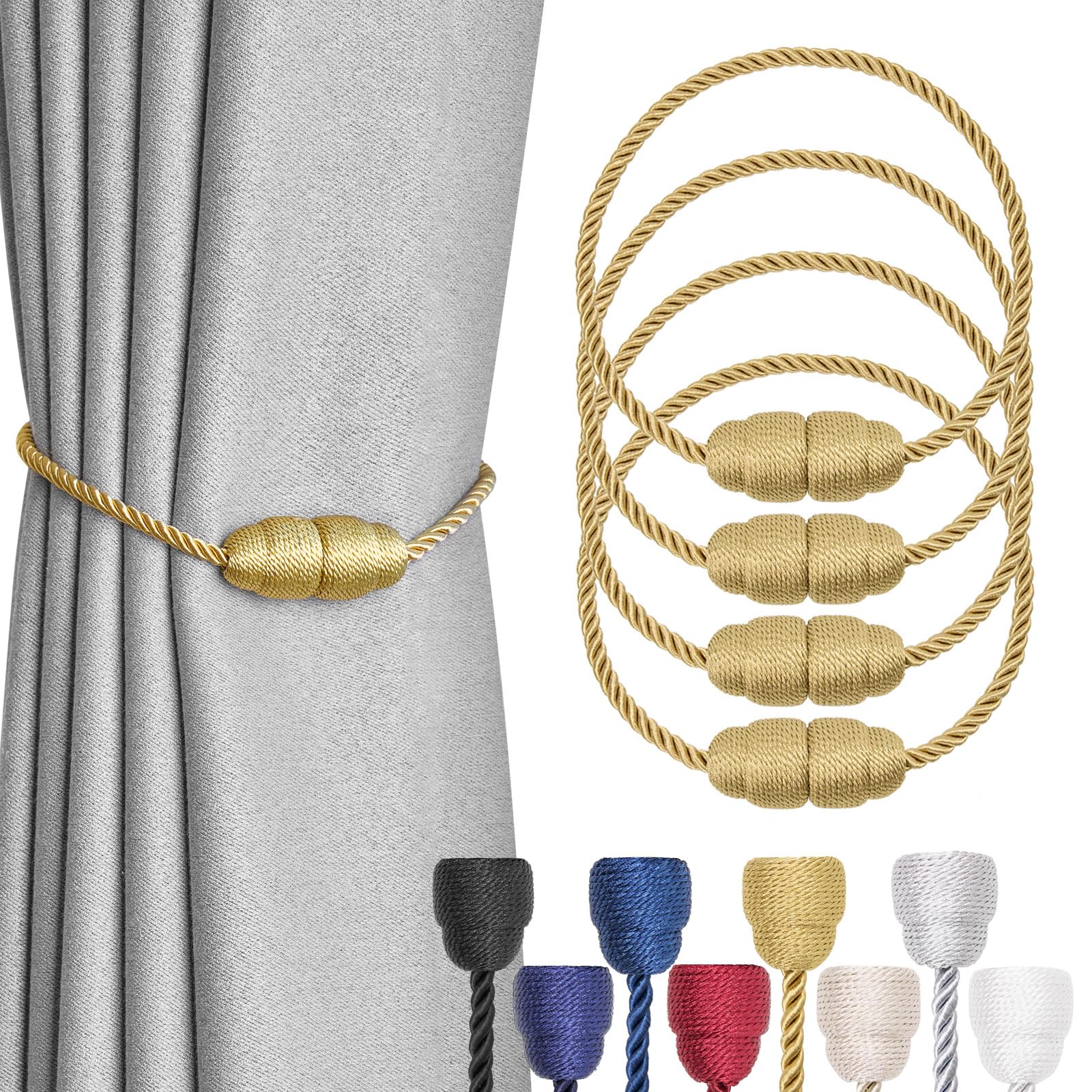 Pretty Jolly 4 Pack Strong Magnetic Curtain Tiebacks Handmade Weave Side Rope Curtain Holdbacks Unique & Elegant Decorative Curtain Drape Tie Backs for Home & Office Window Drapery (Gold)