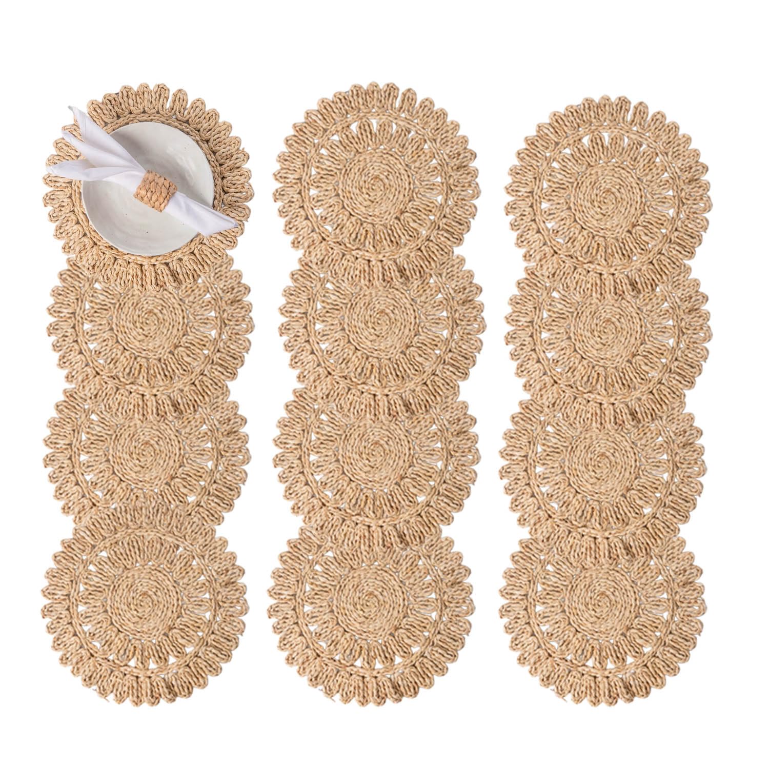 Photo 1 of Laquedecraft 13.8" Set of 12 Round Corn Husk Placemats | Boho Wovean Rattan Table Mats | Farmhouse Wicker Spring Plate Chargers Like Water Hyacinth, Seagrass Table Mats