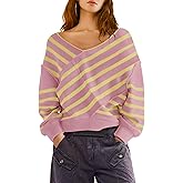 Panadila Womens Striped Off Shoulder Sweater Oversized Long Sleeve V Neck Sweater Tops Knitted Color Block Pullover
