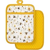 Slohif Silcone Daisy Bee Pot Holders for Kitchen - 100% Cotton Yellow Cute Oven Potholders with Pockets, Heat Resistant Square Thick Hot Pads, House New Home Baking Baker Gifts,2pack