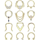 YADOCA 12Pcs 16G Surgical Steel Dangle Septum Piercing Jewelry for Women: Septum Clicker Nose Rings Hoop CZ Horseshoe Cartilage Helix Tragus Daith Piercing Jewelry 10MM