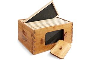 Honey Keeper Deep Brood Box with Window, 100% Beeswax Coated Beehive Kit with 10 Wooden Frames and Waxed Foundations for Langstroth Beekeeping