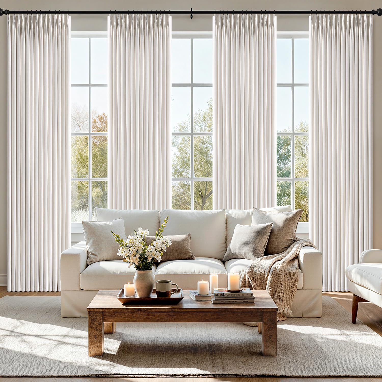 Photo 1 of MIULEE Pinch Pleated Thick Linen Curtains 90 Inch 4 Panels Set Back Tab Memory Trained Pinch Pleat Semi Sheer Light Filtering Curtains Let Light in Window Drapes for Living Room Bedroom Beige White