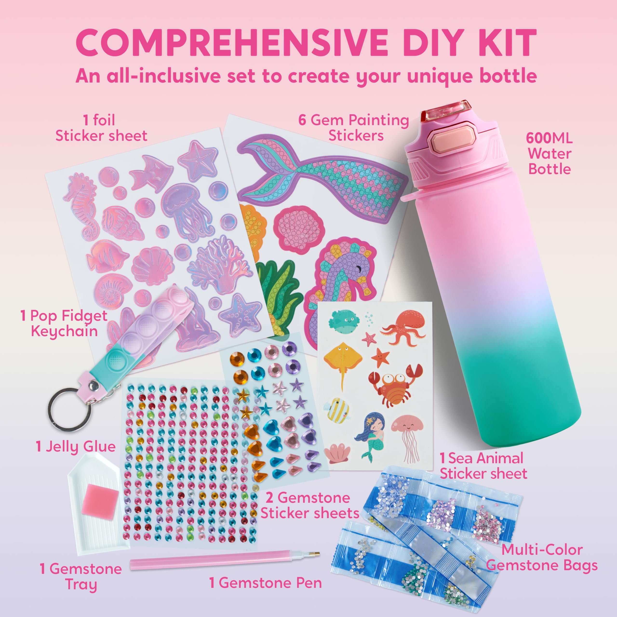 Klever Kits Decorate Your Own Water Bottle Kits for Girls Age 6+, Mermaid DIY Gem Diamond Painting Crafts, Girl Birthday Gift Arts and Crafts Fun Arts for Girls Birthday Christmas