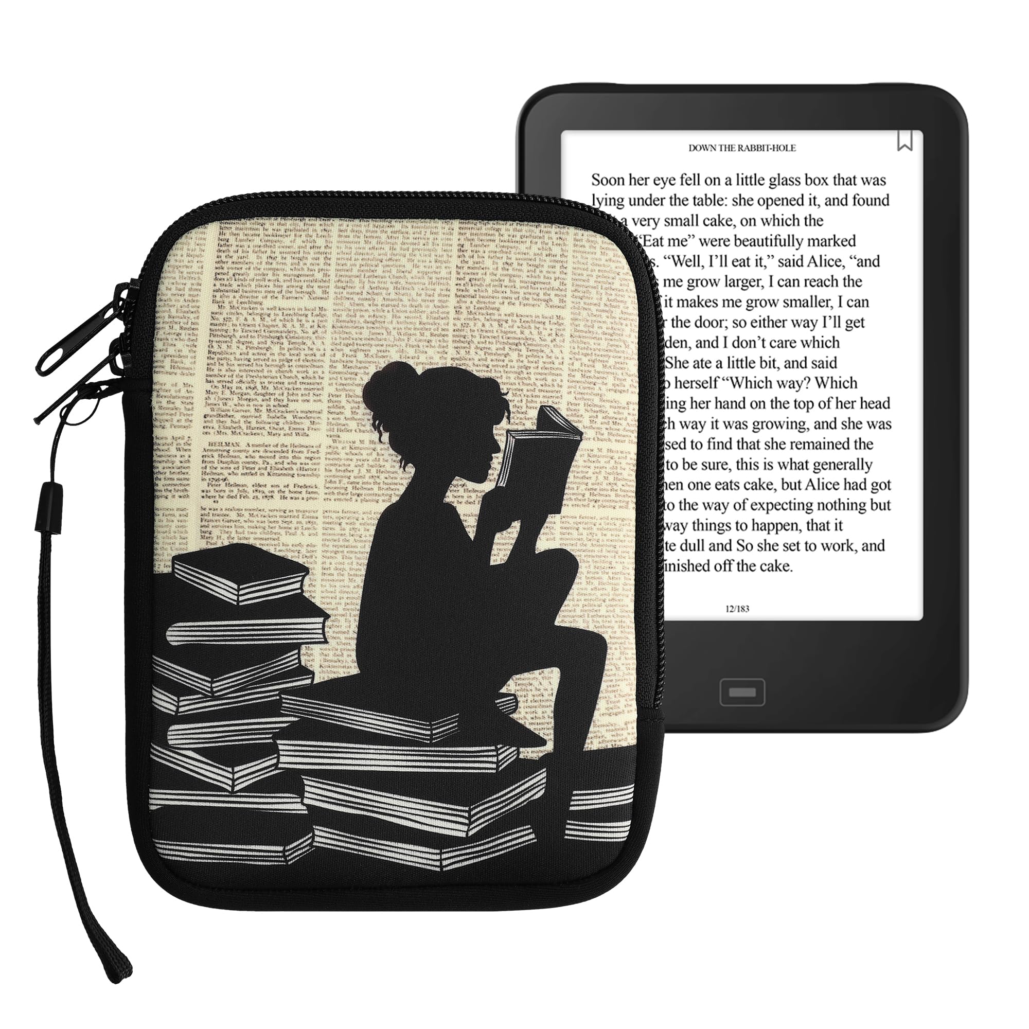 kwmobile Neoprene e-Reader Pouch Size 6" eReader - Universal eBook Sleeve Case with Zipper, Wrist Strap - Black/Beige