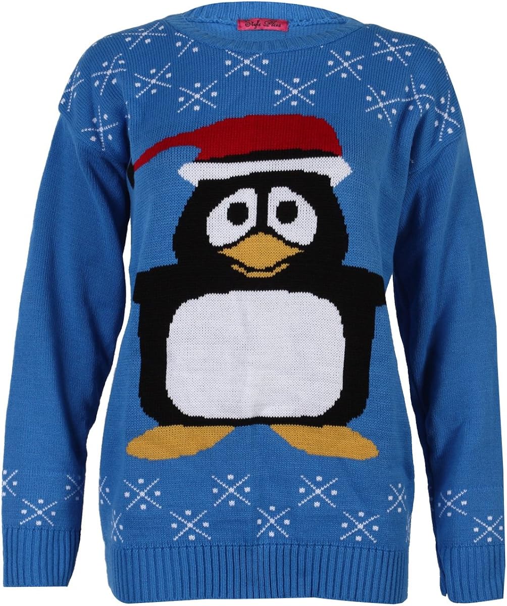 8M Womens Pingu Blue Novelty Ladies Retro Winter Christmas Xmas Jumper