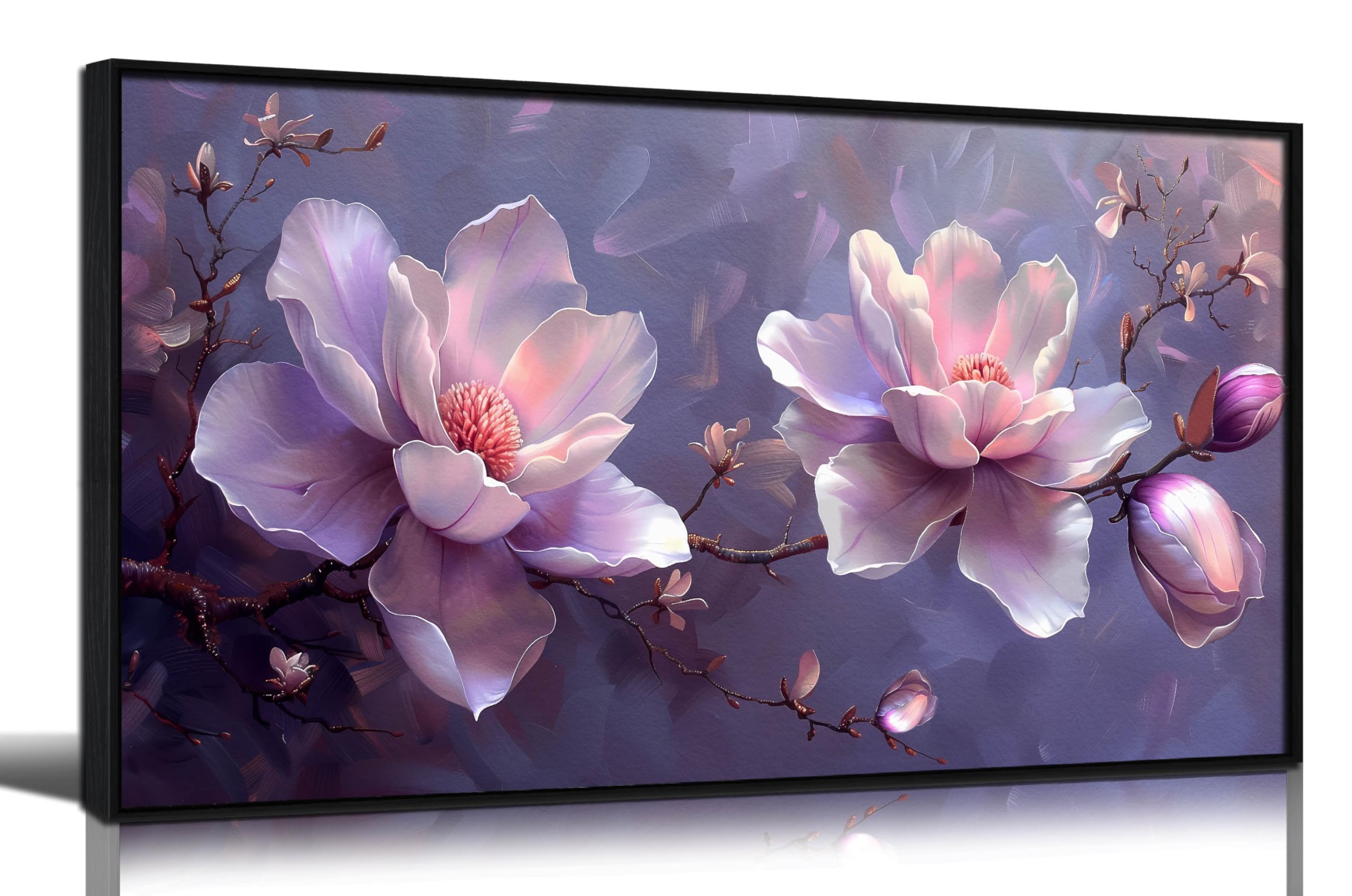 Photo 1 of Framed Wall Art for Living Room Light Pink and Purple Flower Botanical Wall Art Modern Canvas Prints Large Wall Art for Bedroom Office Bathroom Size 20x40 inch