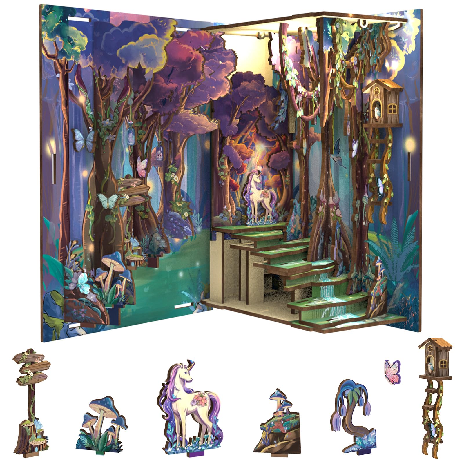 Cutefun Book Nook Kit - DIY Miniature Dollhouse Kit for Adults and Teens, 3D Wooden Puzzle Bookends, Bookshelf Insert Decor w/LED Light Dust Cover, Christmas Birthday Gifts (Forest Unicorn) Image