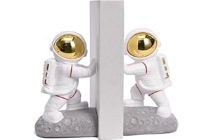 Kakizzy Space Decor Bookends, Resin Astronaut Bookshelf Ends for Kids Rooms Gold Book Ends for Heavy Books Fun Heavy Duty Book End Holder Astronaut Figurine Statue for Office Home Room(D-Gold)