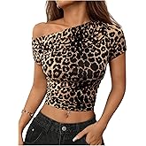 SweatyRocks Women's Leopard Print Asymmetrical T Shirt Ruched Short Sleeve Crop Top