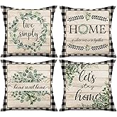 Faromily Rustic Farmhouse Quote Eucalyptus Pillow Covers Black Buffalo Plaids Farmhouse Decorative Throw Pillow Case Cushion Cover 18" x 18" Summer Decor Set of 4 Home Sweet Home